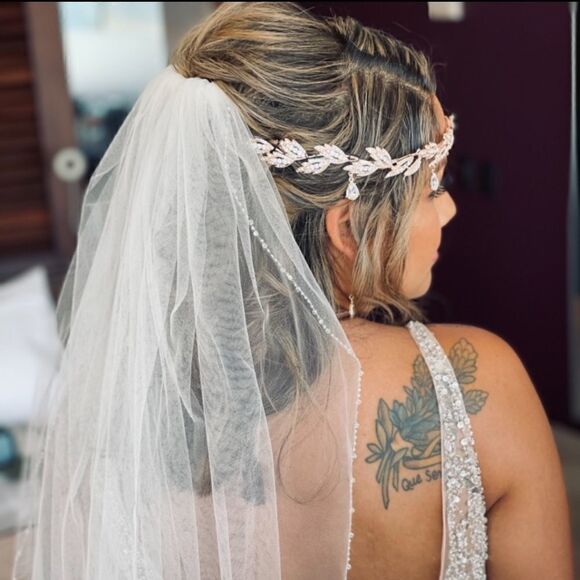 Rhinestone Leaf Wedding Crown Headband for Brides Crystal Pendent Tiara Headband - Picture 7 of 8